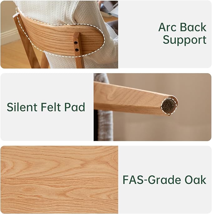 100% Solid Oak Dining Chairs, Mid Century Modern Dining Chair with Curved Backrest, Fabric Upholstered Dining Chairs for Kitchen, Study, Living Room (1, Original Wood-Pear White Cushion)