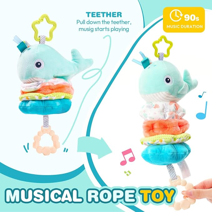 Jollybaby Baby Musical Pull String Hanging Toy for Stroller Car Seat Crib Play Gym, Plush Stuffed Whale Toy for Carseat with Music Teether Crinkle Paper, Sensory Toy for 0-6-12-18 Months Baby Gift