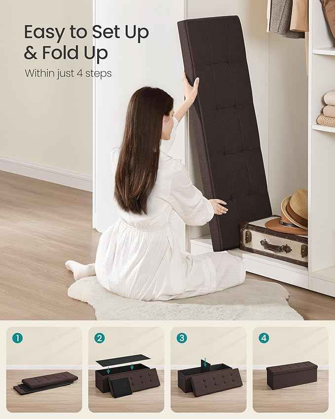 SONGMICS MAZIE Collection - 43 Inches Folding Storage Ottoman Bench, Ottoman Foot Rest, End of Bed Bench, Storage Chest, Load 660 lb, for Living Room, Bedroom, Entryway, Brown ULSF77BR