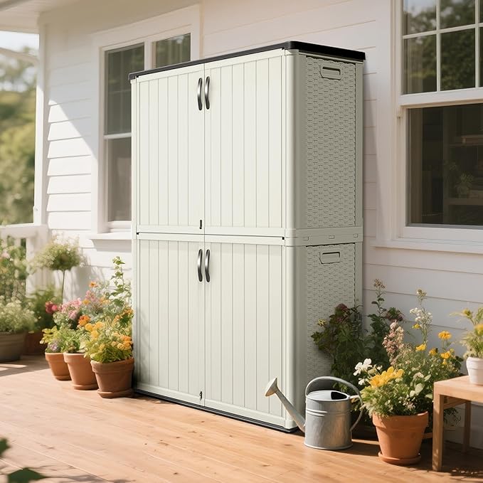 Greesum Outdoor Storage Shed Without Divider, 45 cu.ft Outdoor Waterproof Storage Cabinet for Garden Tools, Pool Storage, Garbage Cans, Beige
