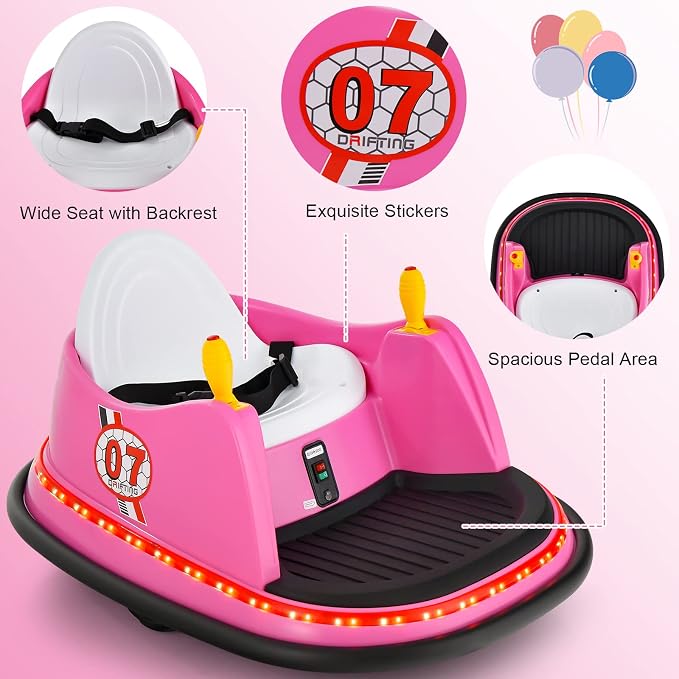 Costzon Bumper Car for Kids, 12V Electric Toddler Bumping Car with Remote Control, Dual Joysticks, 360 Spin, Music, Flashing Lights, Slow Star, Kids Bumper Car Ride on Toy for Boys Girls Gift (Pink)