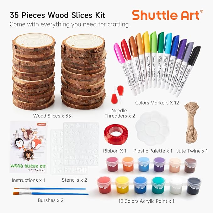 Wood Slices Kit, Shuttle Art 35 PCS Unfinished Natural Wood Slices with Pre-Drilled Hole, Acrylic Paint, Permanent Markers, Jute Twine, DIY Craft for Kids Adults Holiday Decoration Christmas Ornaments