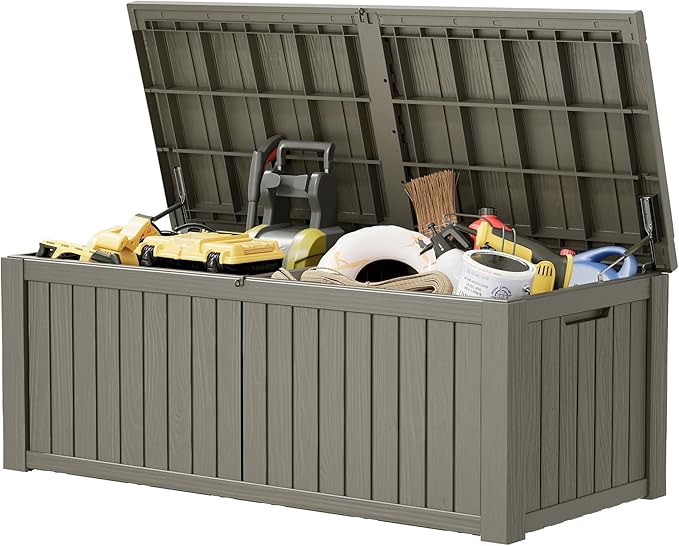 KAMABOKO Outdoor Storage Box, 180 Gallon Large Outdoor Resin Deck Box, Storage Waterproof Boxes Lockable Lid for Garden Tools, Pool Supplies, Patio Furniture and Cushions, Grey