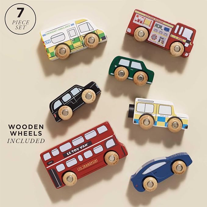 Le Toy Van London Car Set Premium Wooden Toys for Kids Ages 3 Years & Up (TV267), 7-pk