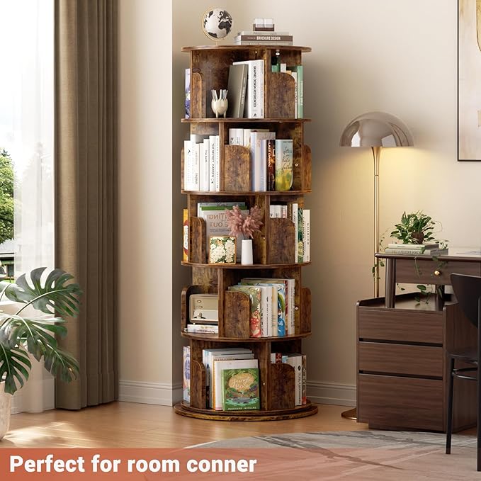Rotating Bookshelf Tower, 5 Tier Spinning Bookcase, Revolving 360 Book Shelf Narrow Tall Bookcase, Vertical Turning Round Bookshelf Organizer, Corner Book Shelf for Small Space, Rustic Brown