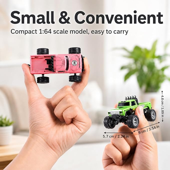1:64 Scale Mini Remote Control Monster Truck with Trailer | 2.4GHz & App Dual Control, Alloy Mini RC Car with LED Lights, Portable Pocket Toy Car for Kids & Adults, Gift for Boys (Green)