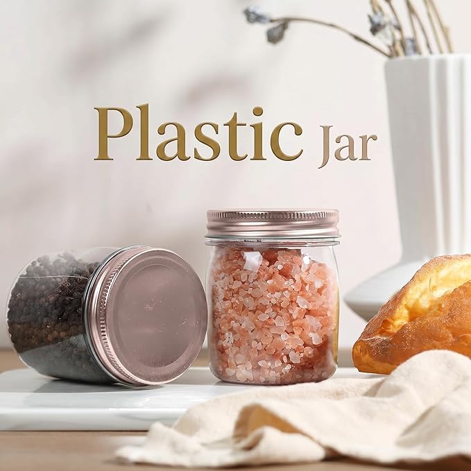 novelinks 8 oz Clear Plastic Jars with Airtight Lids, 48 Pack Plastic Mason Jars with Lids 8oz, Refillable Storage Slime Containers & Small Spice Jar for Kitchen Organization (48 Pack,Rose Gold)