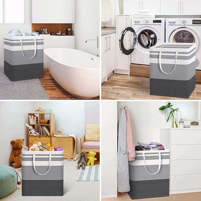 HomeHacks 2 Pack Large Laundry Baskets, Waterproof, Freestanding Laundry Hampers, Collapsible Clothes Hamper with Reinforced Handles in Laundry, College Dorm, Bathroom, Bedroom (Grey+Blue, 100Lx2)