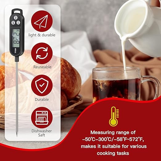 6 Pcs Meat Food Thermometer Food with Probe Water Liquid Instant Read Digital Thermometer Kitchen Cooking Supplies for Cooking BBQ Milk Yogurt (Red,Black)
