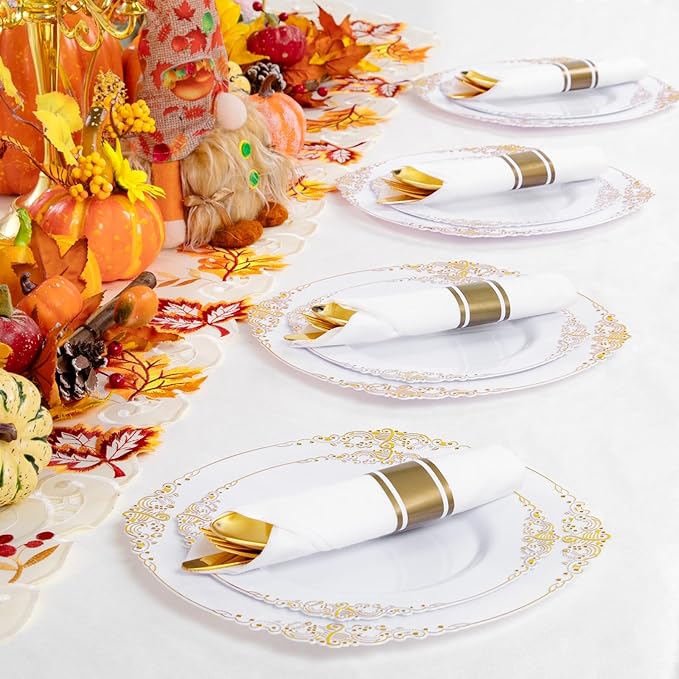 Liacere 400PCS Gold Plastic Silverware - Pre Rolled Napkins Disposable Gold Plastic Cutlery-Premium Quality Utensils-Includes 100Forks,100Knives,100Spoons,100Napkins&Wedding&Thanksgiving