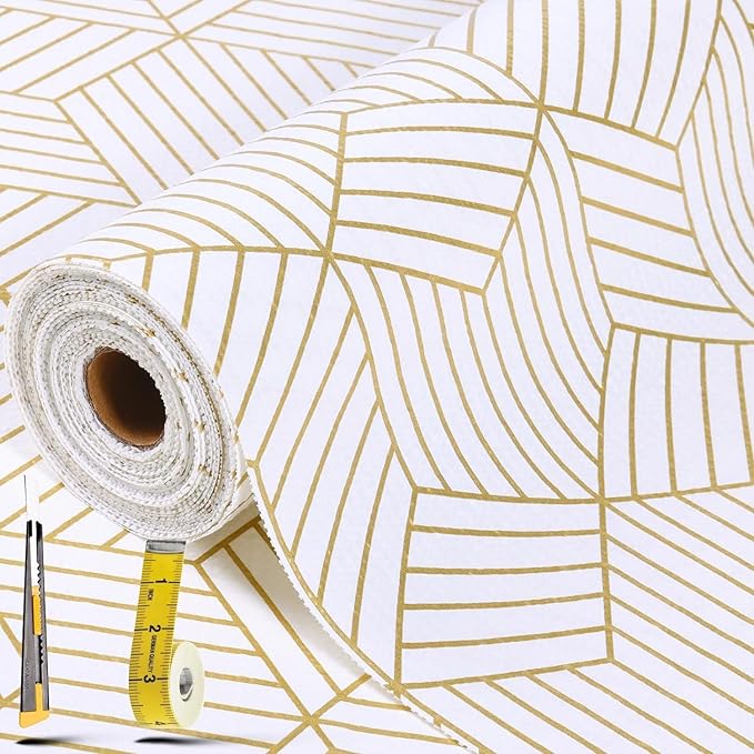 Shelf Liners for Kitchen Cabinets 23.6 in x 20 FT, Non Adhesive Cabinet Liner Strong Non-Slip Thickened Gold Geometric Drawer Liner, Easy to Clean for Shelf …