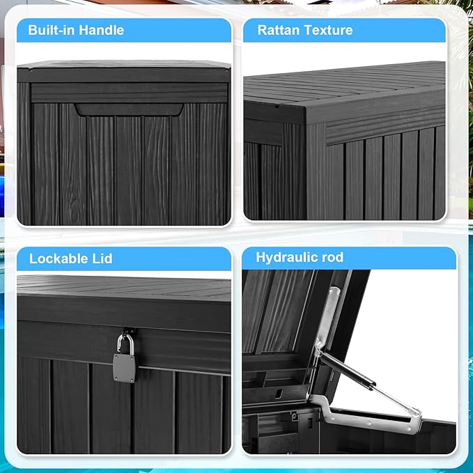 Outdoor Storage Box 230GAL Waterproof Resin Deck Box,UV-Resistant Lockable Package Delivery Bin for Garden Tools,Large Patio Outside Cushions,Pool Accessories Supplies,Chest,Furniture,Black
