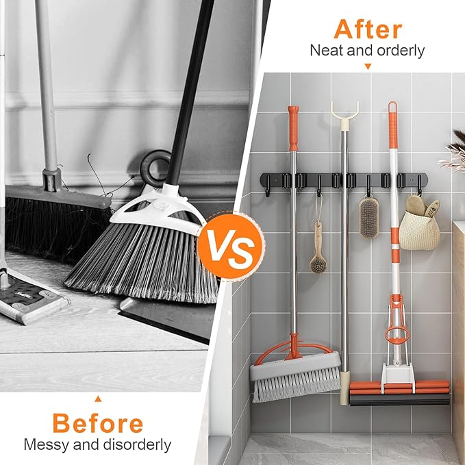 Mop and Broom Holder Wall Mount, Upgraded Broom Organizer Wall Mount, Stainless Steel Broom Hanger Wall Mount for Kitchen Garden Laundry Room Decor (3 Racks with 4 Hooks Black)