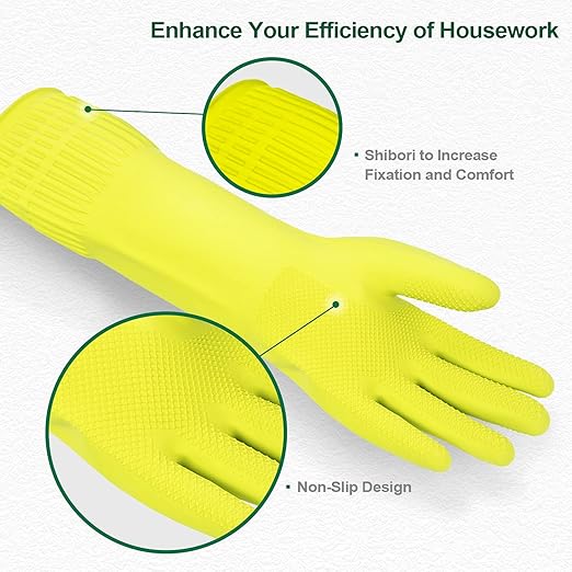 Mamison 2 Pairs Reusable Waterproof Household Dishwashing Cleaning Rubber Gloves, Non-Slip Kitchen Glove (Green, Medium (Pack of 2))