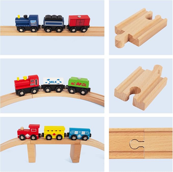 Wooden Train Tracks 58 Piece Set, Track Expansion and 9 Distinct Pieces - 100% Compatible with All Major Brands Including Thomas Wooden Railway System