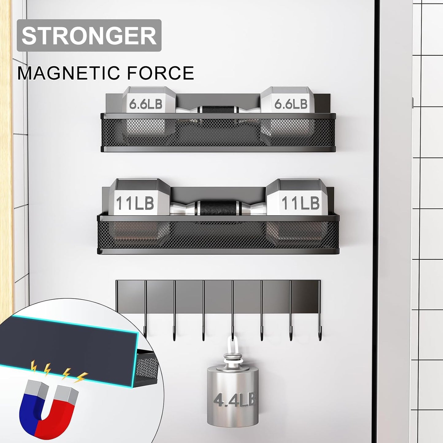 Magnetic Spice Rack for Refrigerator, 5 Pack Magnetic Shelf, Moveable Magnetic Fridge Organizer with an 8-Hook Rack, Seasoning Organizer for Kitchen Organization (Extra with 8 Hooks)