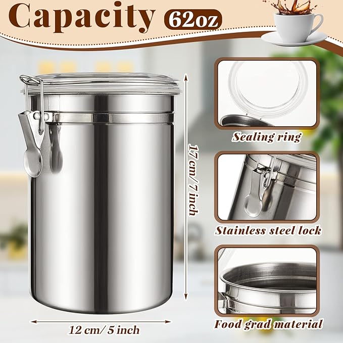 Lallisa 1 Pcs Stainless Steel Canisters 62 oz Stainless Steel Containers with Lids Food Storage Container with Airtight Clamp Lid Coffee Containers for Tea Sugar Coffee Flour Kitchen Counters