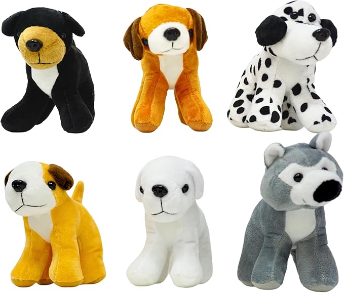 4E's Novelty Plush Dogs Animals (12 Pack) Assorted Stuffed Puppies - 5 Inches, Small Plushed Animals, 6 Designs - for Birthday Party Favors Gifts for Kids