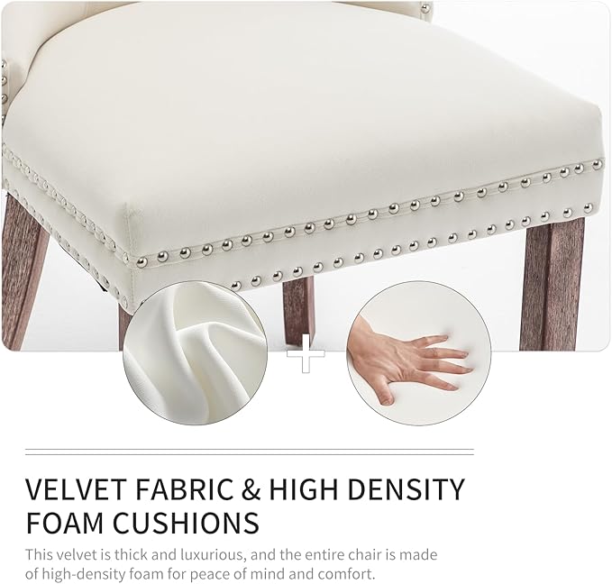 Velvet Dining Chairs Set of 2, Upholstered Dining Room Chairs with Nailhead Trim, Sillas de Comedor Modernas 2, Wooden Kitchen Chairs for Dining Room, Living Room, Kitchen, Bedroom, Beige