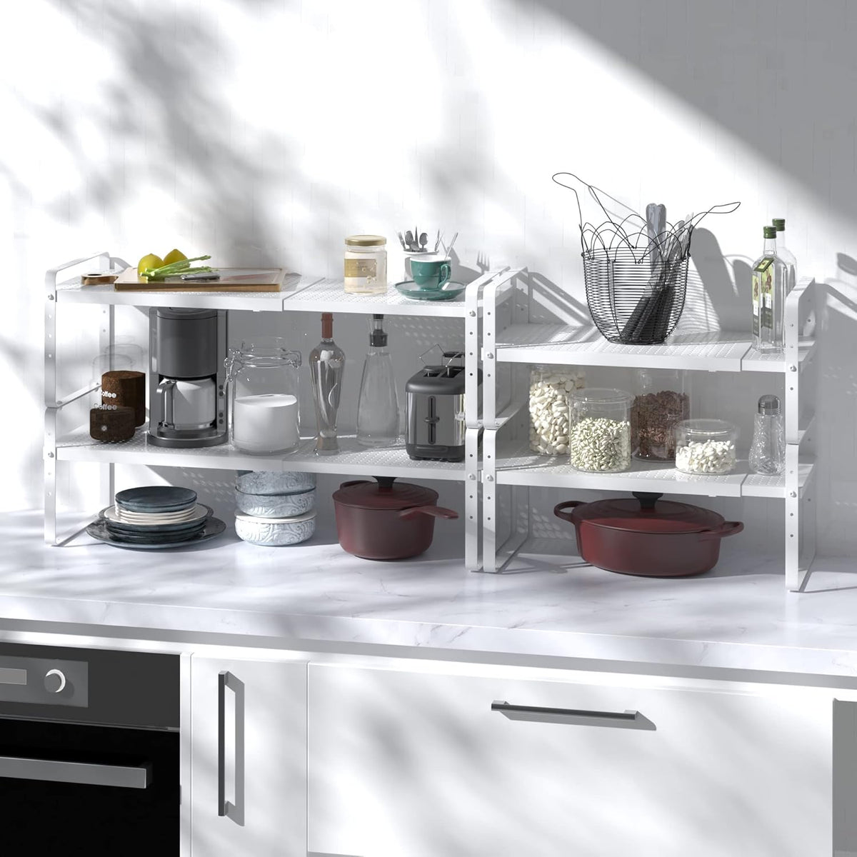 Expandable Cabinet Shelf Organizer Adjustable Metal Spice Rack Stackable Freestanding Counter Storage Shelves for Kitchen Cabinet Under Sink Office Desk (White - 1Pack - L16.5-27'' * W10.2'' * H9.6'')