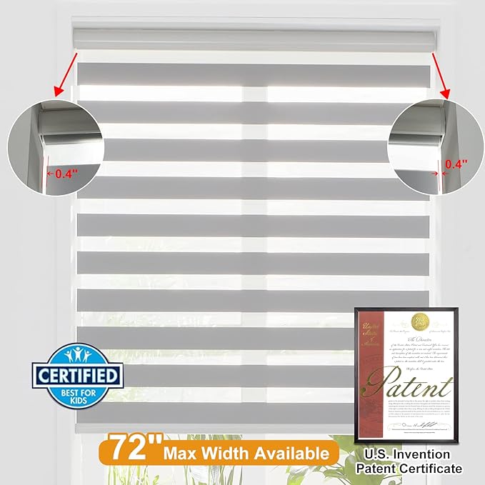 Persilux Cordless Zebra Blinds for Windows Free-Stop Roller Windows Shades (36" W X 47" H, Grey) Dual Layer Light Control for Day and Night, Light Filtering Sheer Shades for Home