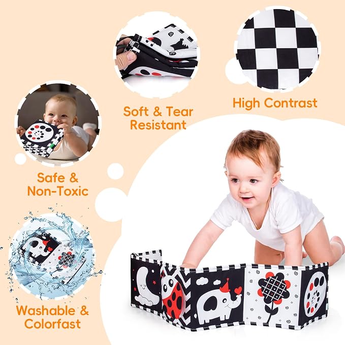 Cawgug Black and White High Contrast Baby Toys for Newborn Brain Development Tummy Time Soft Book Babies 0-3 6-12 Months Montessori Learning Activities Infant and Sensory Visual Stimulation Toys