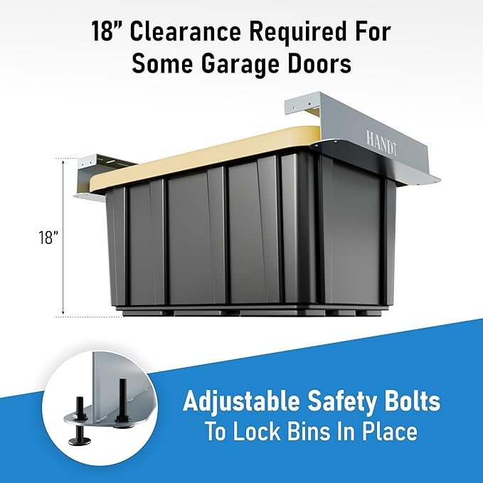 HANDT Overhead Garage Storage Rack, Connectable Heavy Duty Metal Ceiling Rails For Garage Storage Organization Shelving System, Hanging Racks For Tote Containers, Supports Up To 3 Bins, 2 Sets Gray