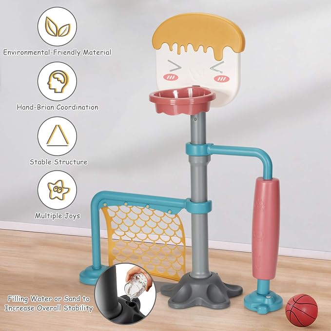 Costzon 3-in-1 Toddler Basketball Hoop & Soccer Goal Stand, Basketball Stand with Adjustable Height, Indoor & Outdoor Activity Center Basketball & Soccer for Kids