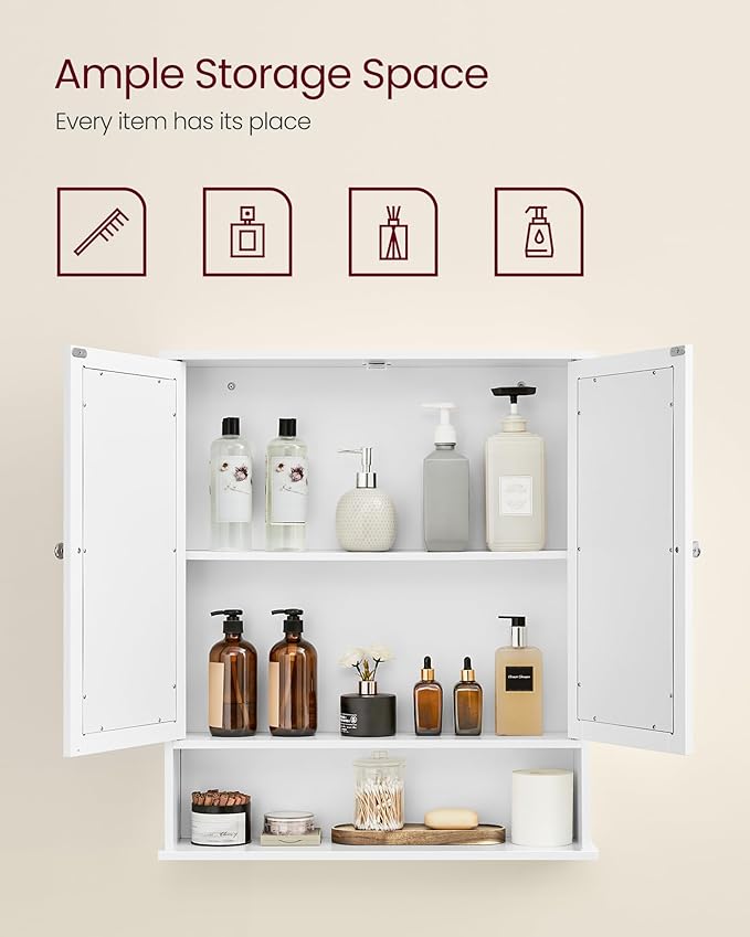 VASAGLE Bathroom Cabinet with Mirror, Wall Cabinet with 2 Mirrored Doors, Adjustable Shelf, Open Compartment, Wall-Mounted, 5.9 x 25.6 x 29.5 Inches, White ULHC012W01