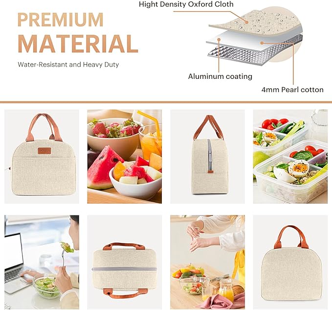 Lunch Bag for Women & Men Adult Insulated Lunch Box, Small Leakproof Cooler Food Lunch Containers Reusable High Capacity Lunch Tote Bags for Work, Travel, Outdoor (Beige)