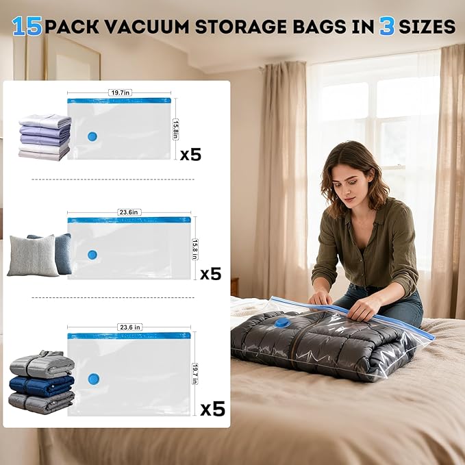 Mapambo Vacuum Seal Bags for Clothing Travel with Electric Pump, 15 Pack Vacuum Bags in 3 Combo sizes, Space Saver Vacuum Storage Bags, Reducing Luggage Volume by up to 80% (15 Combo Travel Size)
