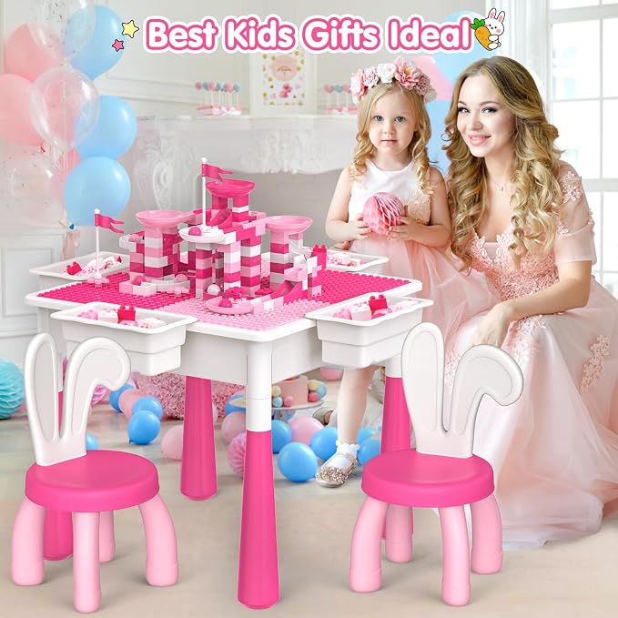 OCATO Kids Toddler Table and Chair Set: Water Table Activity Tables with 152Pcs Large Marble Run Building Blocks 2 Rabbit Chairs Storage All in One Play Sensory Sand Tables 3-6 Year Old Girl Toy Gift