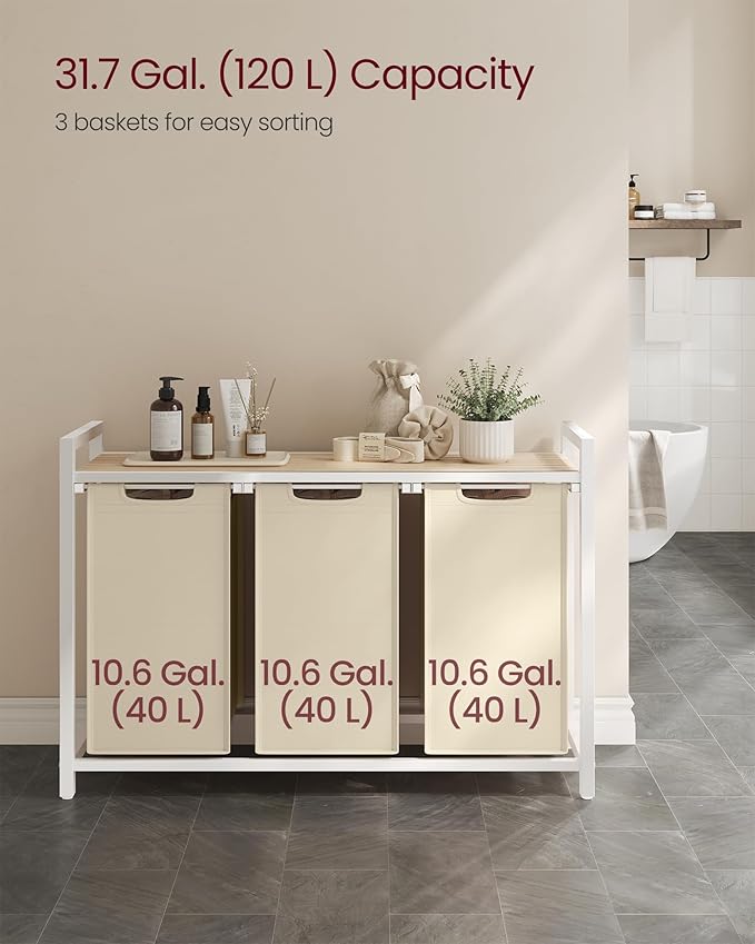 VASAGLE Laundry Hamper, Laundry Basket Sorter with 3 Pull-Out and Removable Bags, Shelf, Metal Frame, 3 x 10.6 Gallons (40 L), 36.4 x 13 x 28.4 Inches, Cappuccino Beige and Natural Beige UBLH301LH01
