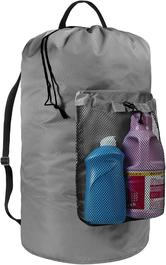 Laundry Bag with Shoulder Straps and Mesh Pocket Laundry Backpack Large Portable Laundry Hamper for College Laundromat Apartment (Gray)