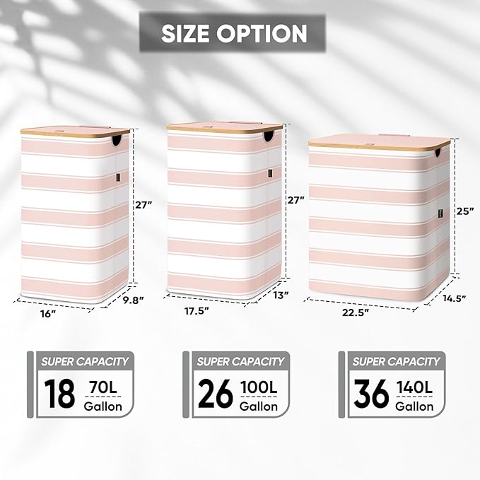 BALEINE Laundry Hamper with Lid, Tall Laundry Baskets with Bamboo Pull Handles, Large Laundry Bin with Internal Support (26 Gal/100L, Pink Stripe)