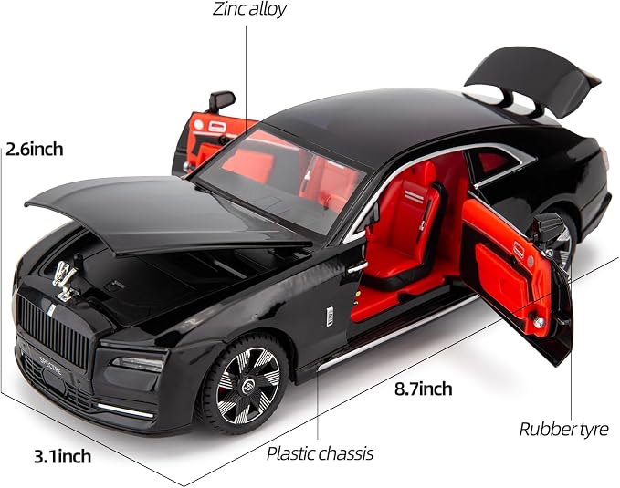 BDTCTK Compatible for 1:24 Rolls Royce Spectre Model Car, Diecast Collectible Pull Back Toy Car with Sound and Light for Adults Kids Boys Girls, Gift Black