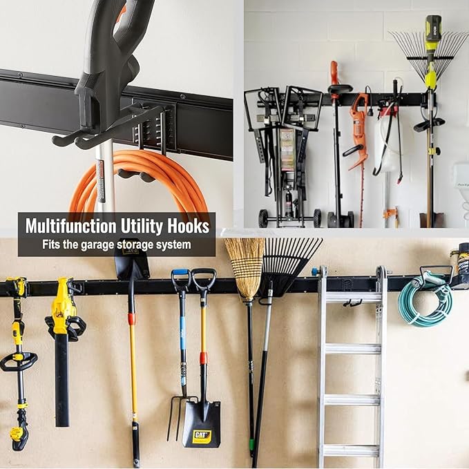 Wall Mount Tool Storage Rack, Garage Organization, Heavy Duty Garage Storage Tool Organizer, Garden Tool Wall Hooks and Hangers, Hold Up to 350lbs Black 2Pack