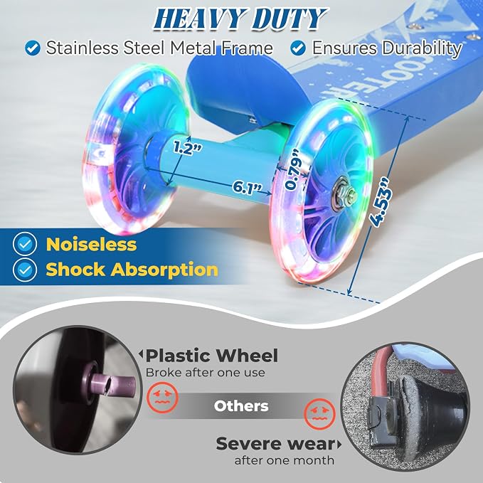 Kids Scooter Ages 3-7, 3 Wheel Scooter with LED Light Up Wheels, Safer Steering & Adjustable Handlebar, Wide Anti-Slip Deck, Heavy Duty Metal Kick Scooter for Boys Girls Toy Gift, Up to 110 lbs