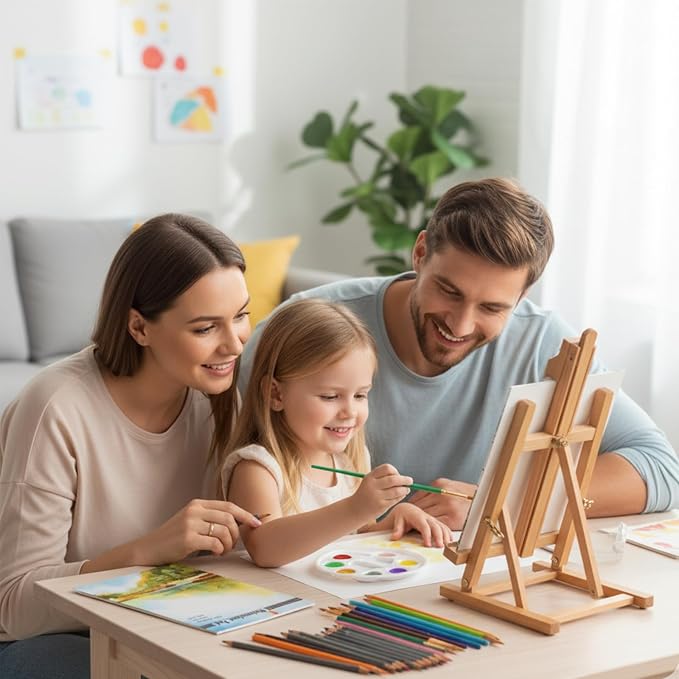 Falling in Art Tabletop Easel Set, Portable Wooden Art Easel Painting Kits for Kids, Easel for Painting Canvases, Including 12 Colors Acrylic Paints, 10 Paintbrushes and 4 Canvas Panels, Pink