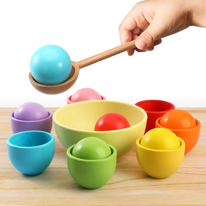 Montessori Larger Ball in Cup Color Sorting Toy for Toddlers Wooden Rainbow Ball Color Matching Toy - 7, 46mm