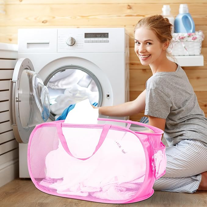 Durable Collapsible Laundry Baskets, Mesh Pop Up Laundry Hamper with Side Pocket, Foldable Clothes Hamper with Reinforced Carry Handles for Laundry, Bathroom, Kids Room, Dorm or Travel 2 Pack Pink