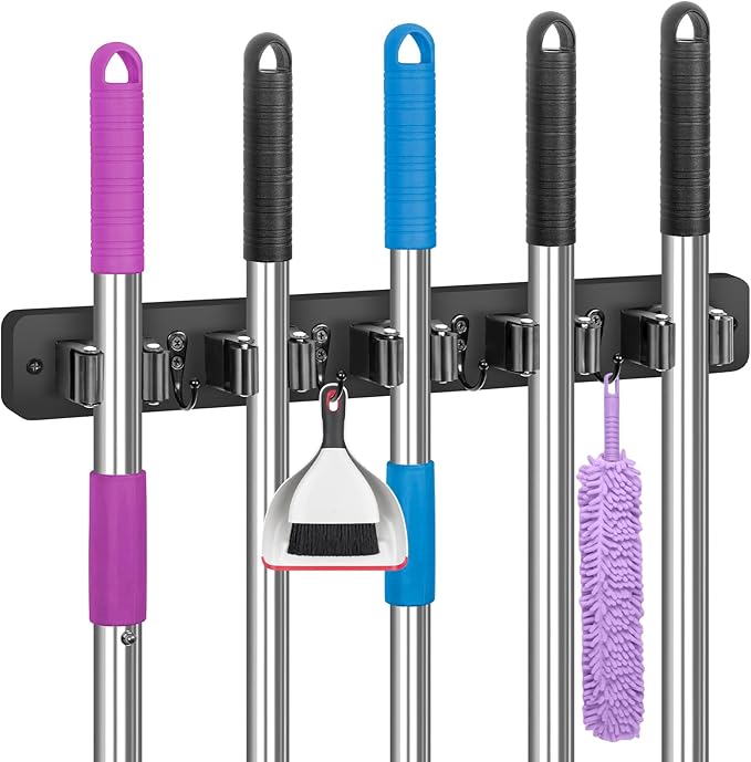 IMILLET Broom Holder Wall Mount, Wood Broom Holder with 5 Racks and 4 Hooks Broom Organizer, Laundry Room Organization and Storage, Mop Hanger for Home Organization, Garden, Garage, Closet (Black)