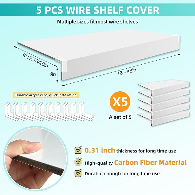5 Pcs Wire Shelf Cover, 24X12X3 Inch Carbon Fiber Material Shelf Covers for Pantry Shelves(Not Wood), Waterproof Removable Closet Shelving Liner for Home Kitchen,Office Organization - White