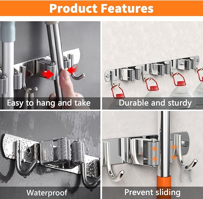 Mop and Broom Holder Wall Mount, Upgraded Broom Organizer Wall Mount, Stainless Steel Broom Hanger Wall Mount for Home Kitchen Garden Laundry Garage (3 Racks with 4 Hooks)