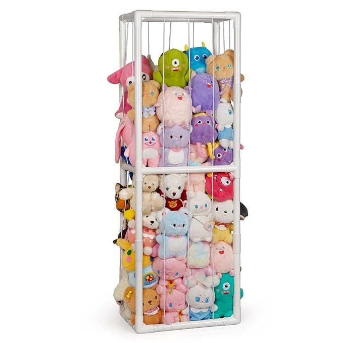 Trycooling Stuffed Animal Storage Zoo Holder Space Save Vertical PVC with Elastic Band and Net for Playroom Bedroom Nursery (White 1)