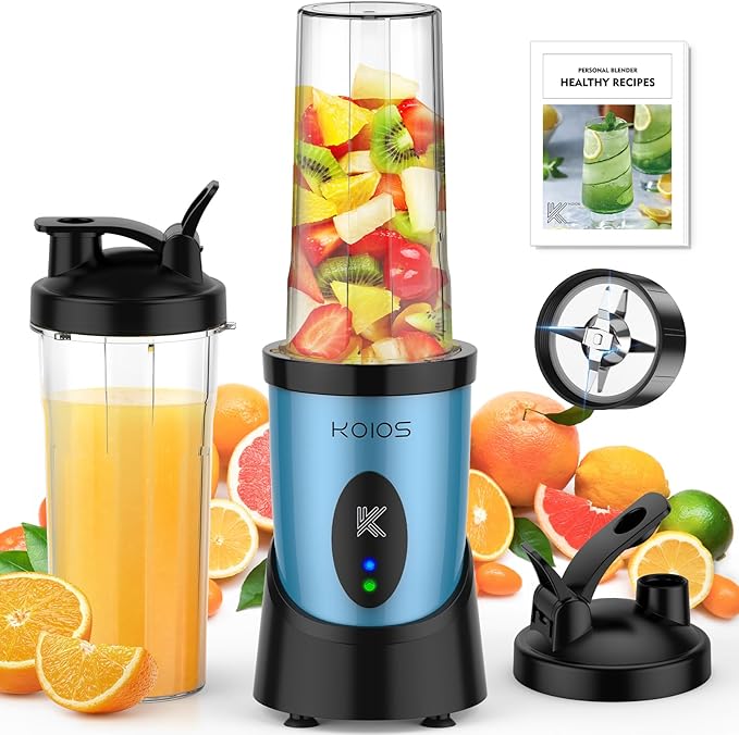 KOIOS Smoothie Blender, 900W Personal Blender for Shakes and Smoothies for Kitchen with 2 Portable Cups 22oz, Single Serve Smoothies Maker Mixer for Juices, Nutritious Recipe, Sky Blue