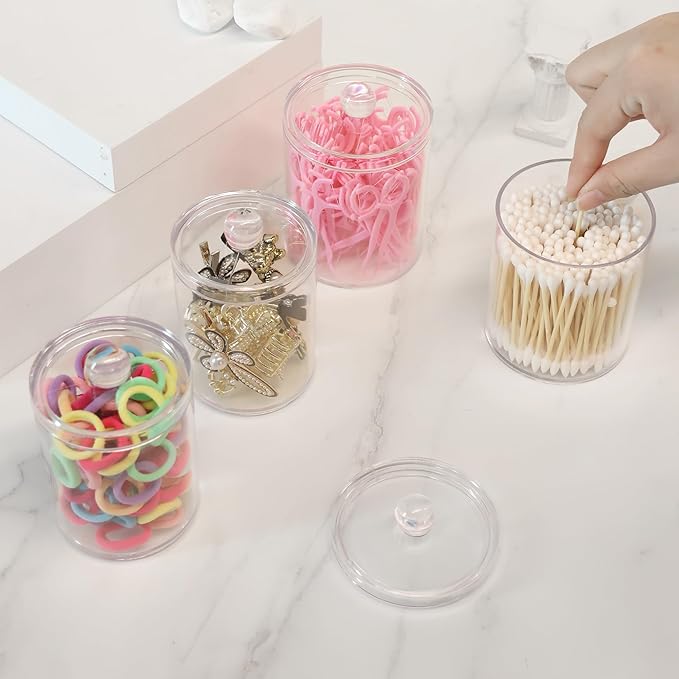 4 Pack Acrylic Qtip Holder Dispenser,Canisters Apothecary Jar Set, Vanity Makeup Bathroom Organizers and Storage Set, 10 and 12 oz
