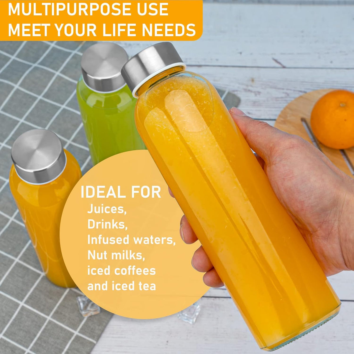 Sursip 24oz Glass Water Bottle Set of 6, Leak Proof Clear glass juice bottle for juicing, Reusable Drinking Bottles with Stainless Steel Lid, Beverage Storage Containers for Refrigerator-BPA Free