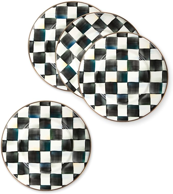 MACKENZIE-CHILDS Enamel Salad and Dessert Plate, Small Plate for a Dessert or Appetizer Dish, 8 Inches, Set of 4, Black-and-White Courtly Check