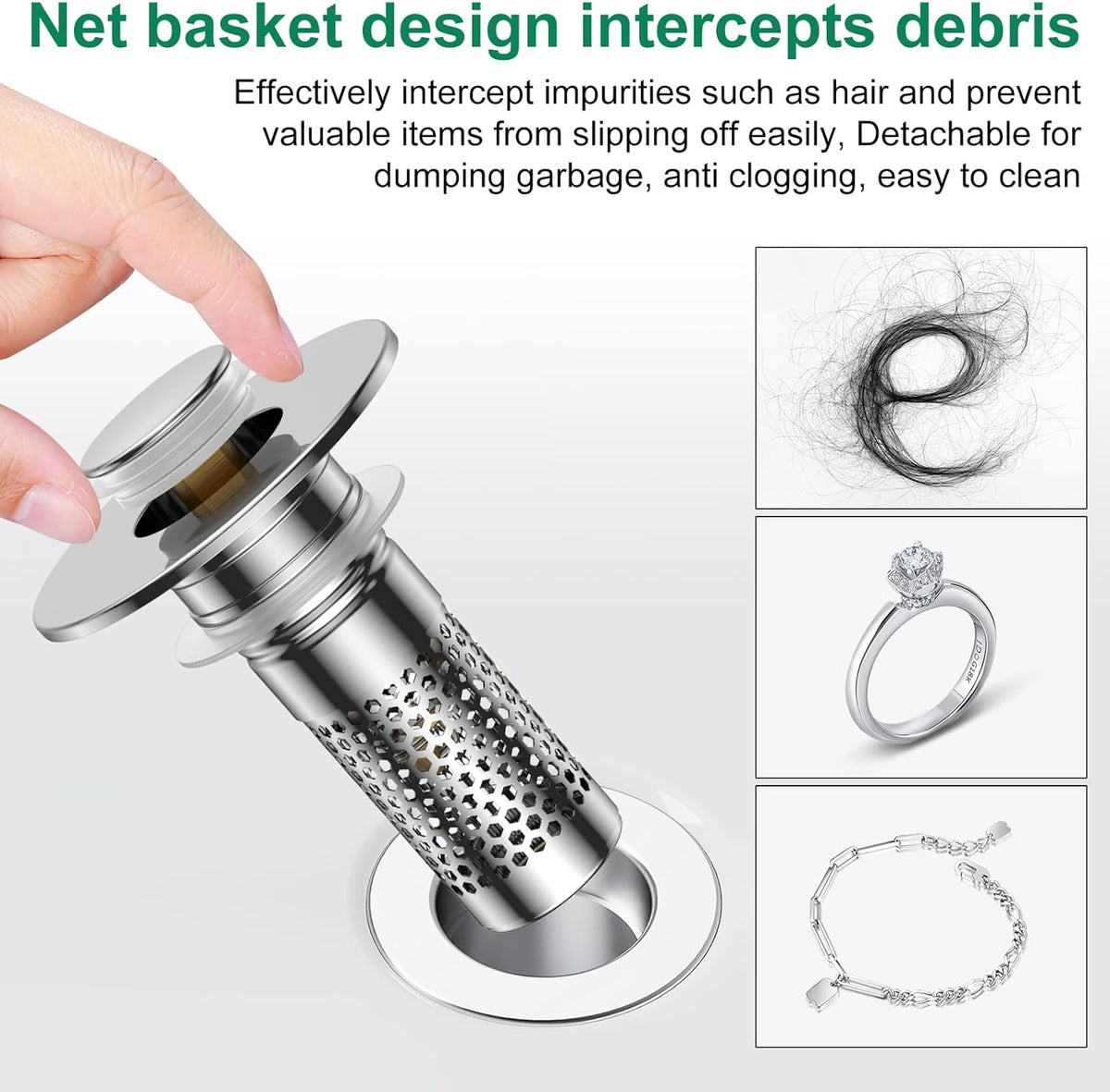 Bathroom Sink Drain Strainer,Universal Pop-Up Sink Stopper Hair Catcher, Anti-Clog Stainless Steel Drain Filter Basket, Removable Sink Drain for Bathroom Sink Stopper Replacement